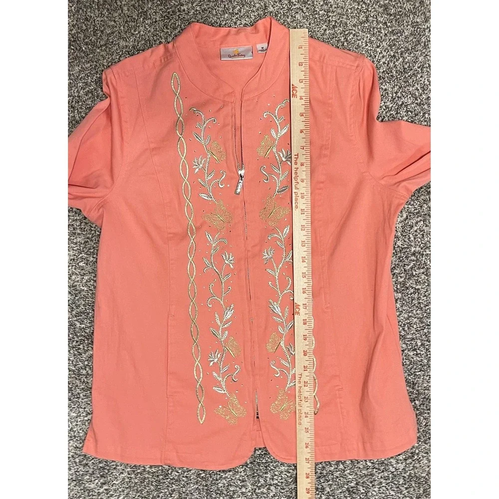Quacker Factory Jacket Womens Medium Pink Embroidered Butterfly Floral Full Zip‎